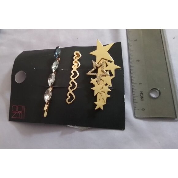 NOBO Hair Clip Pin Set - Crystal Heart & Star Designs - Gold Tone - Picture 2 of 4